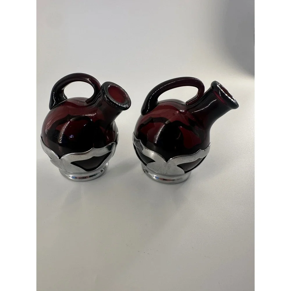 Vintage Farber Bros Krome Kraft Amethyst‎ Glass Decanter Cruet Set Art Deco 2pc